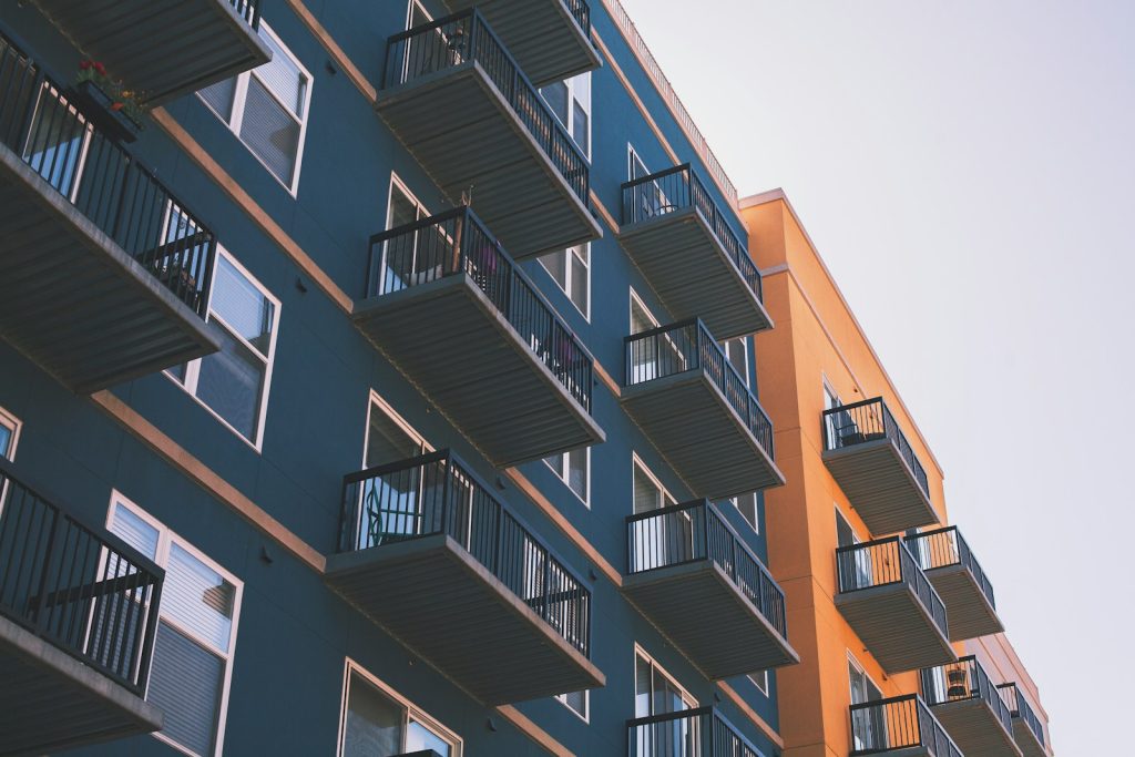 Colorful apartment building with balconies