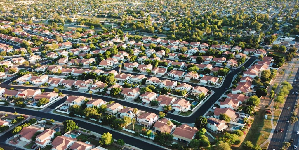 Aerial view of suburban neighborhoods and homes