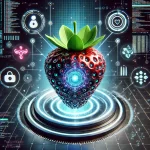 A futuristic and sleek image representing cutting-edge AI technology. The image features a glowing, intricate strawberry at the center