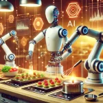 A futuristic AI robot with multiple robotic arms simultaneously preparing many meals.