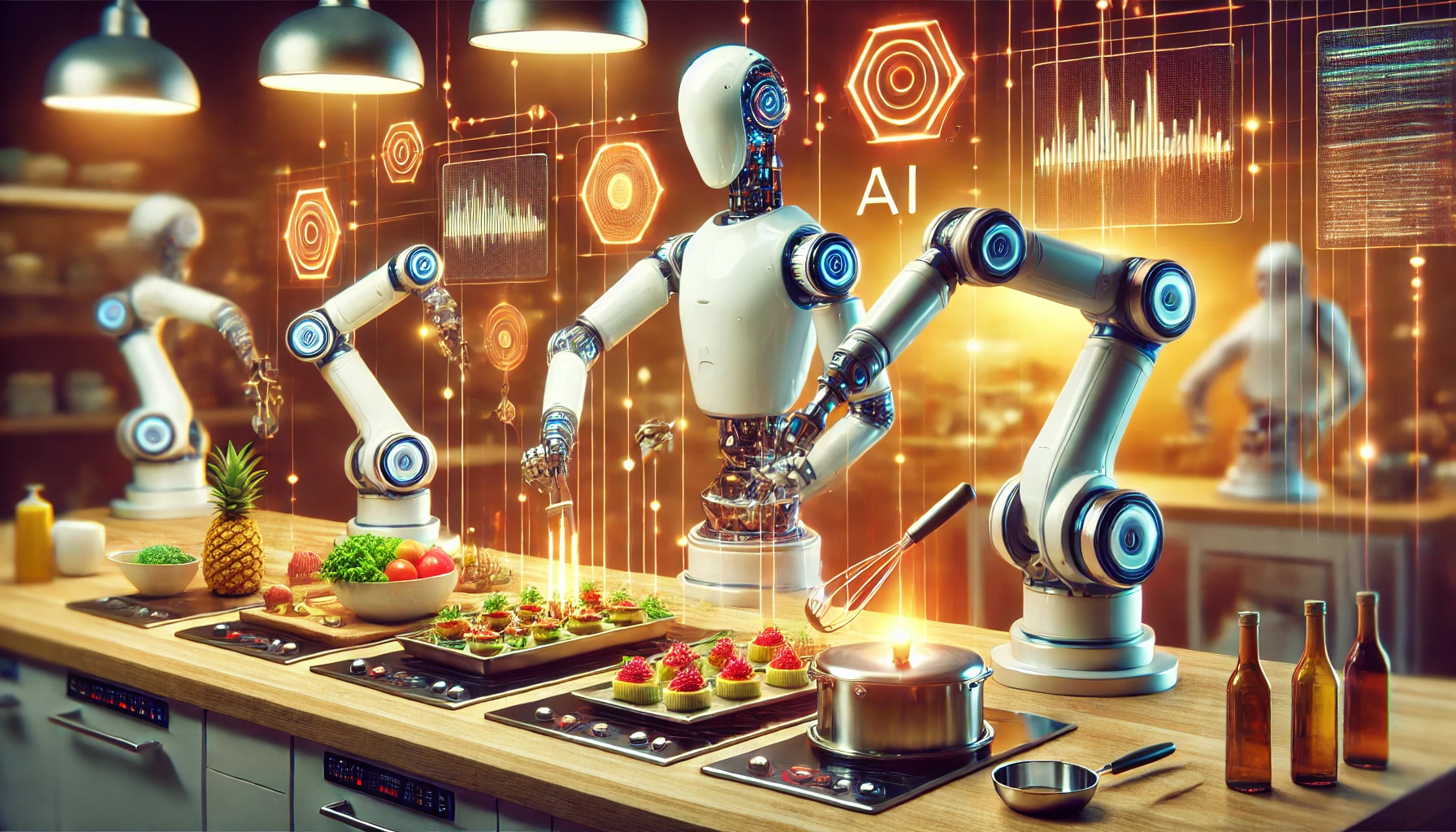 A futuristic AI robot with multiple robotic arms simultaneously preparing many meals.