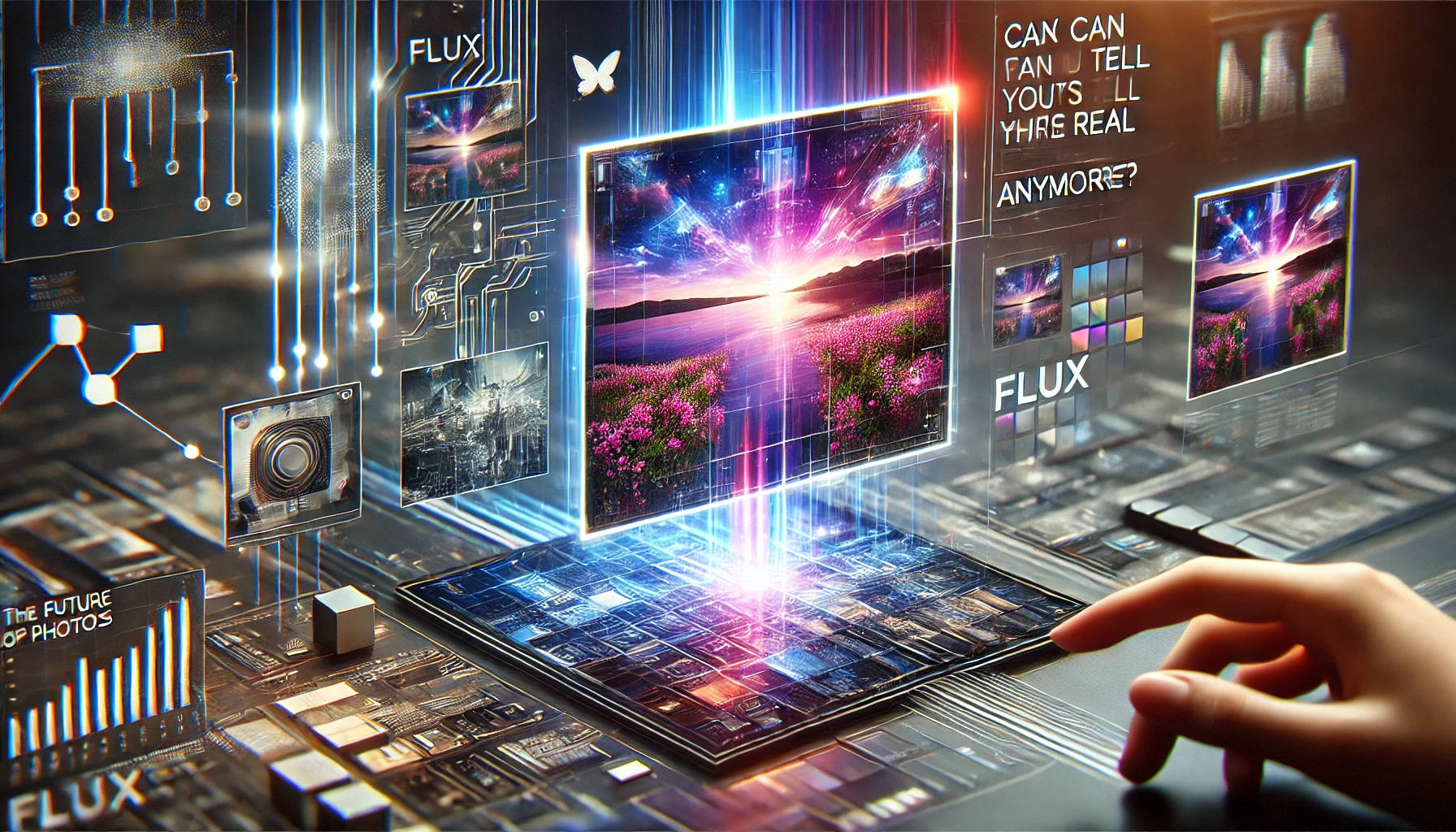 A futuristic digital screen showcasing the real-time creation of a hyperrealistic AI-generated photo, with visual elements like pixels, data streams, and a sleek, modern user interface. The background features abstract representations of AI and neural networks blending with realistic images of people and landscapes, capturing the high-tech nature of AI in image generation.