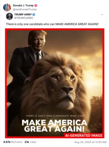 Trump-Riding-Lion-AI-Generated-Image-222x300 How AI-generated memes are shaping the 2024 election narrative, with humor, satire, and a side of chaos