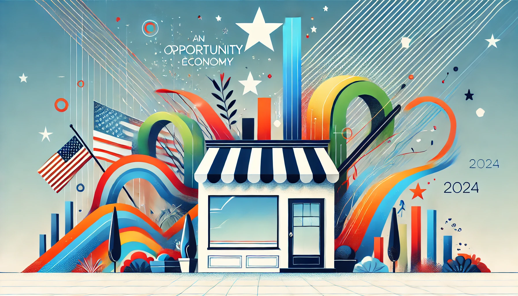 An abstract illustration of a small business storefront with an optimistic American landscape in the background. The landscape features bright colors