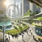 A photorealistic image of a futuristic society where humans and AI collaborate seamlessly. The cityscape should feature automated resource centers