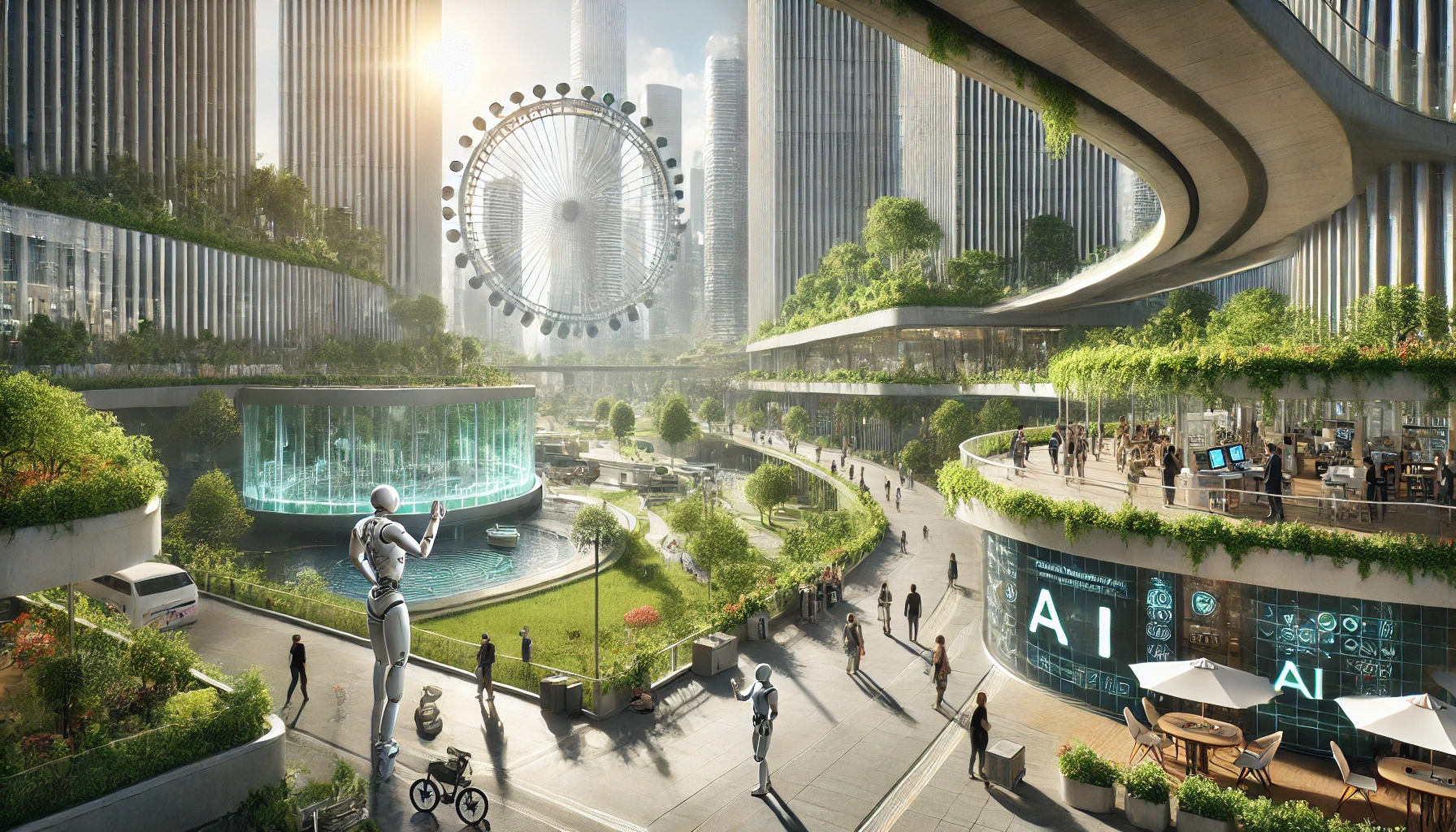 A photorealistic image of a futuristic society where humans and AI collaborate seamlessly. The cityscape should feature automated resource centers