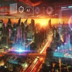 Futuristic city skyline with neon lights and a sleek computer interface displaying data streams, symbolizing the integration of AI into daily life.