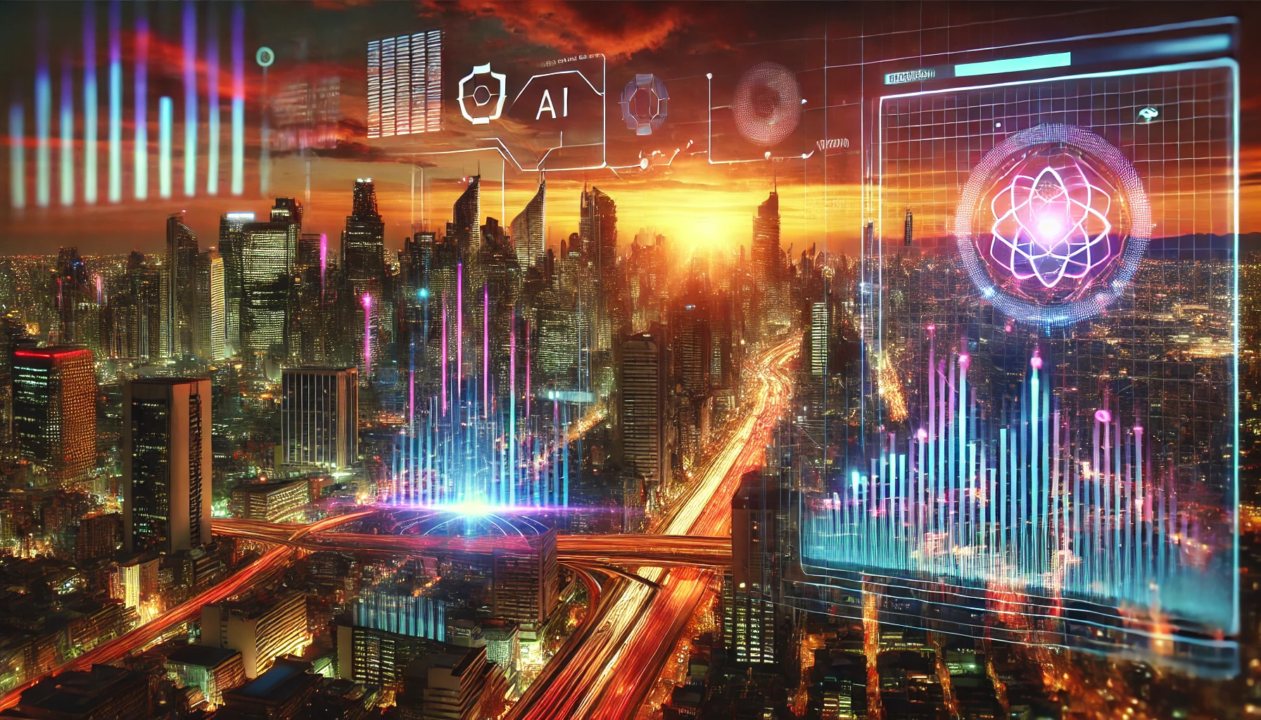 Futuristic city skyline with neon lights and a sleek computer interface displaying data streams, symbolizing the integration of AI into daily life.