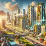 Futuristic cityscape with modern buildings and automated systems, showcasing a world transformed by AI and automation. The image features massive AI-driven factories and citizens walking among greenery and advanced technology, representing a balance of innovation and sustainability in an optimistic future economy.