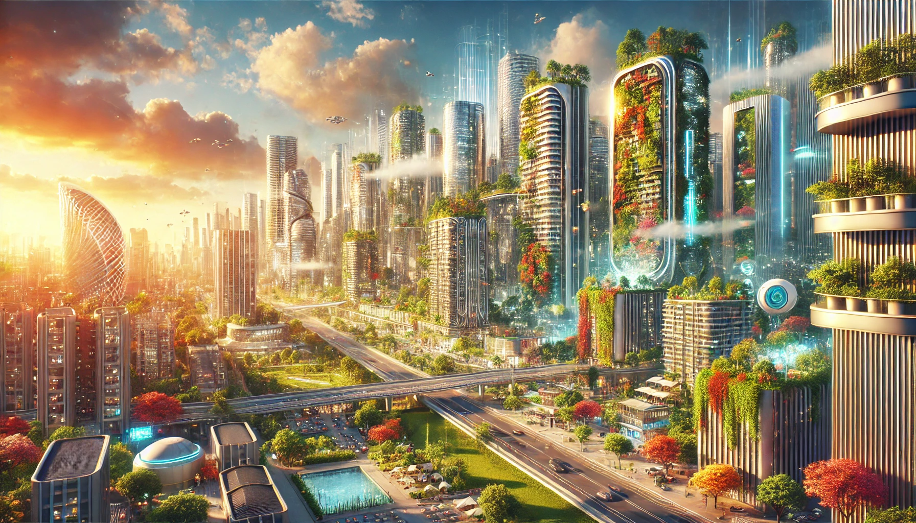 Futuristic cityscape with modern buildings and automated systems, showcasing a world transformed by AI and automation. The image features massive AI-driven factories and citizens walking among greenery and advanced technology, representing a balance of innovation and sustainability in an optimistic future economy.