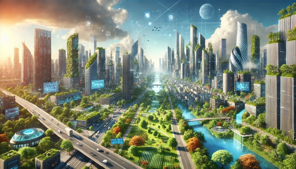 DALL·E-2024-09-03-23.55.26-A-hyper-realistic-futuristic-cityscape-with-more-greenery-and-blue-skies-featuring-sleek-modern-buildings-vertical-gardens-and-abundant-nature.-Th-1024x585 The Economic Impacts of Full Automation: How Societies Could Restructure Wealth