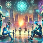 A futuristic cityscape with holographic ethical dilemmas floating above sleek robots and humans, symbolizing the complex interplay between AI, ethics, and society in a vibrant, thought-provoking 16:9 digital illustration.