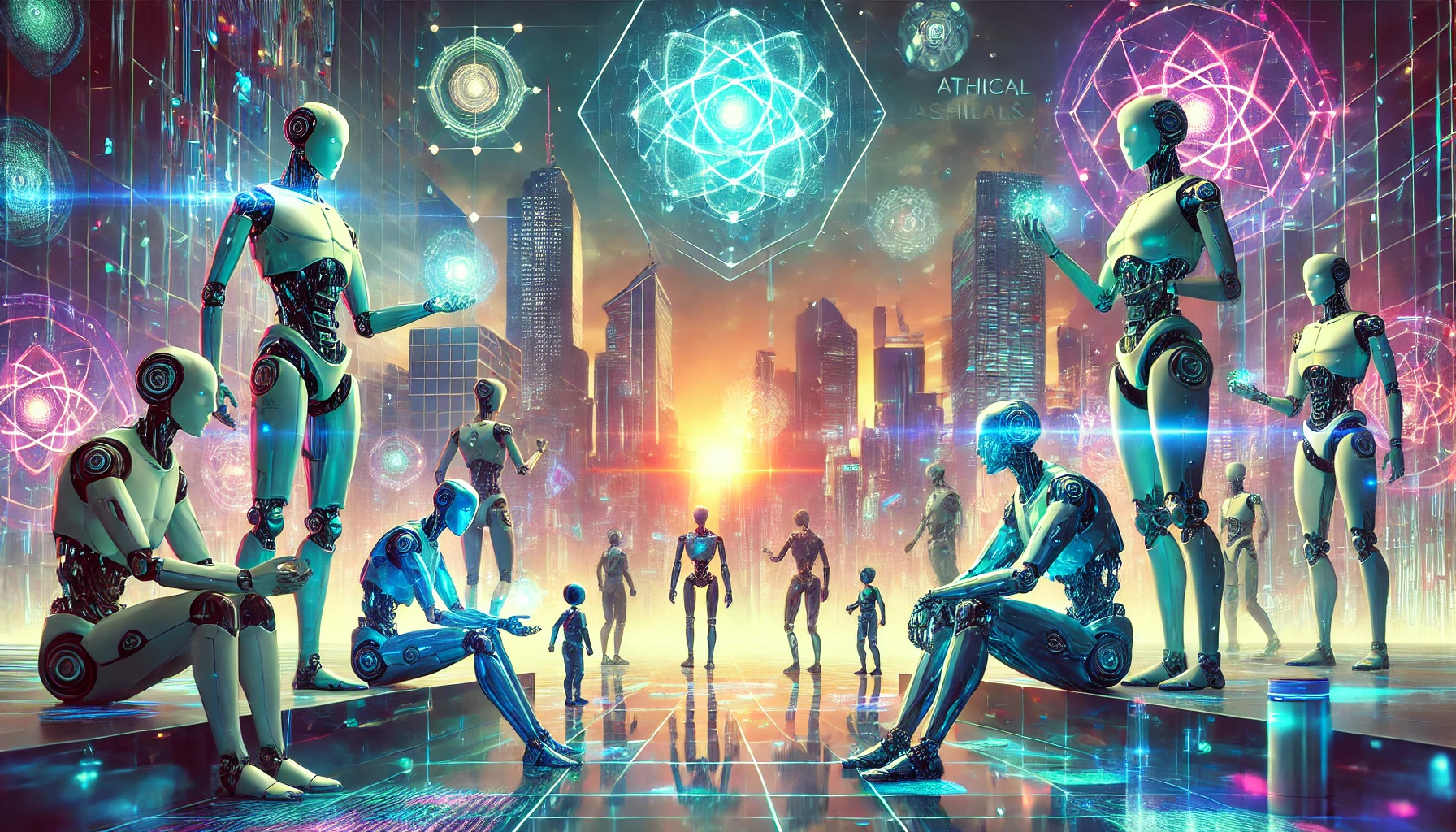 A futuristic cityscape with holographic ethical dilemmas floating above sleek robots and humans, symbolizing the complex interplay between AI, ethics, and society in a vibrant, thought-provoking 16:9 digital illustration.