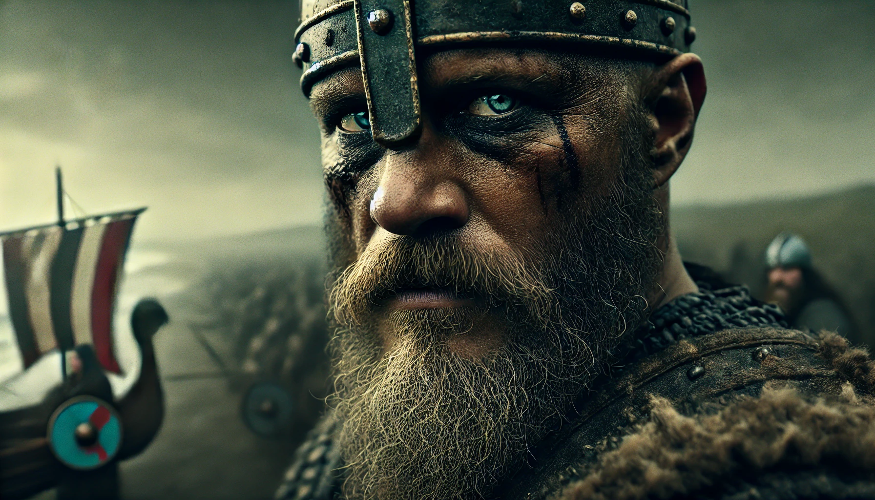 A gritty, cinematic close-up of a Viking king's face, reminiscent of the Ragnar Lothbrok series. The king has a weathered, battle-hardened expression,