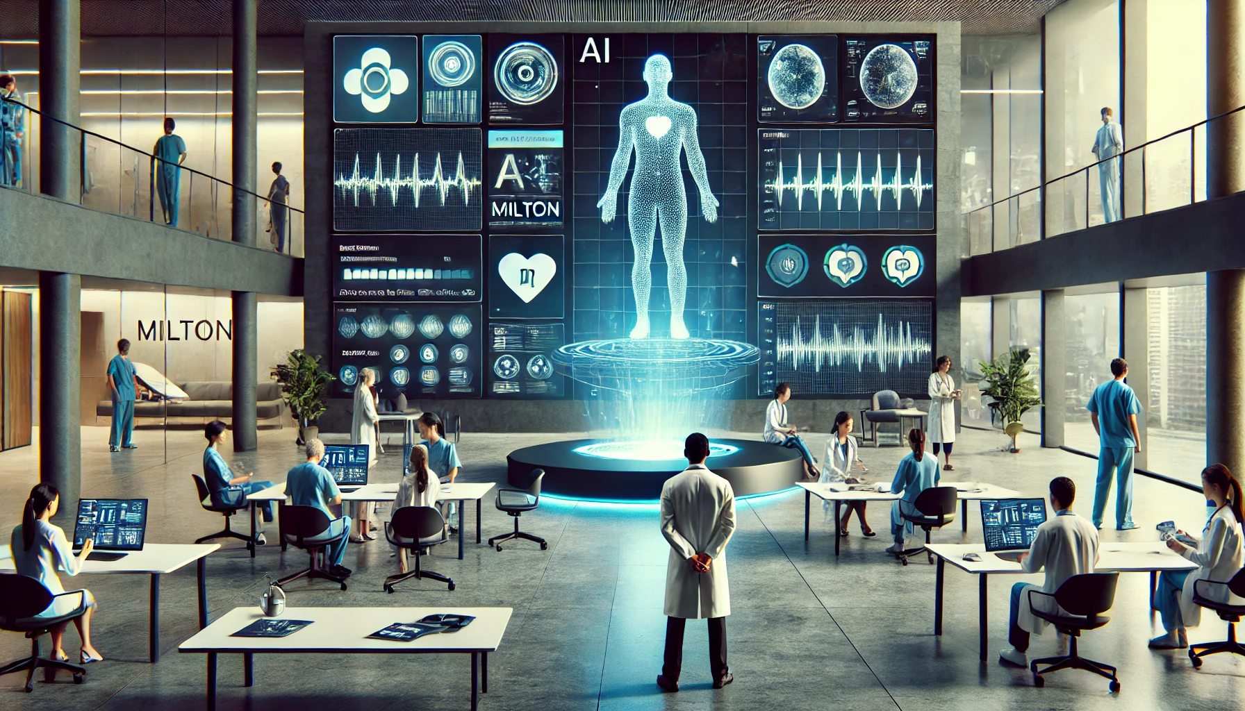 A cinematic photography style feature image showcasing a futuristic healthcare setting where AI-powered tools like MILTON are analyzing patient data.