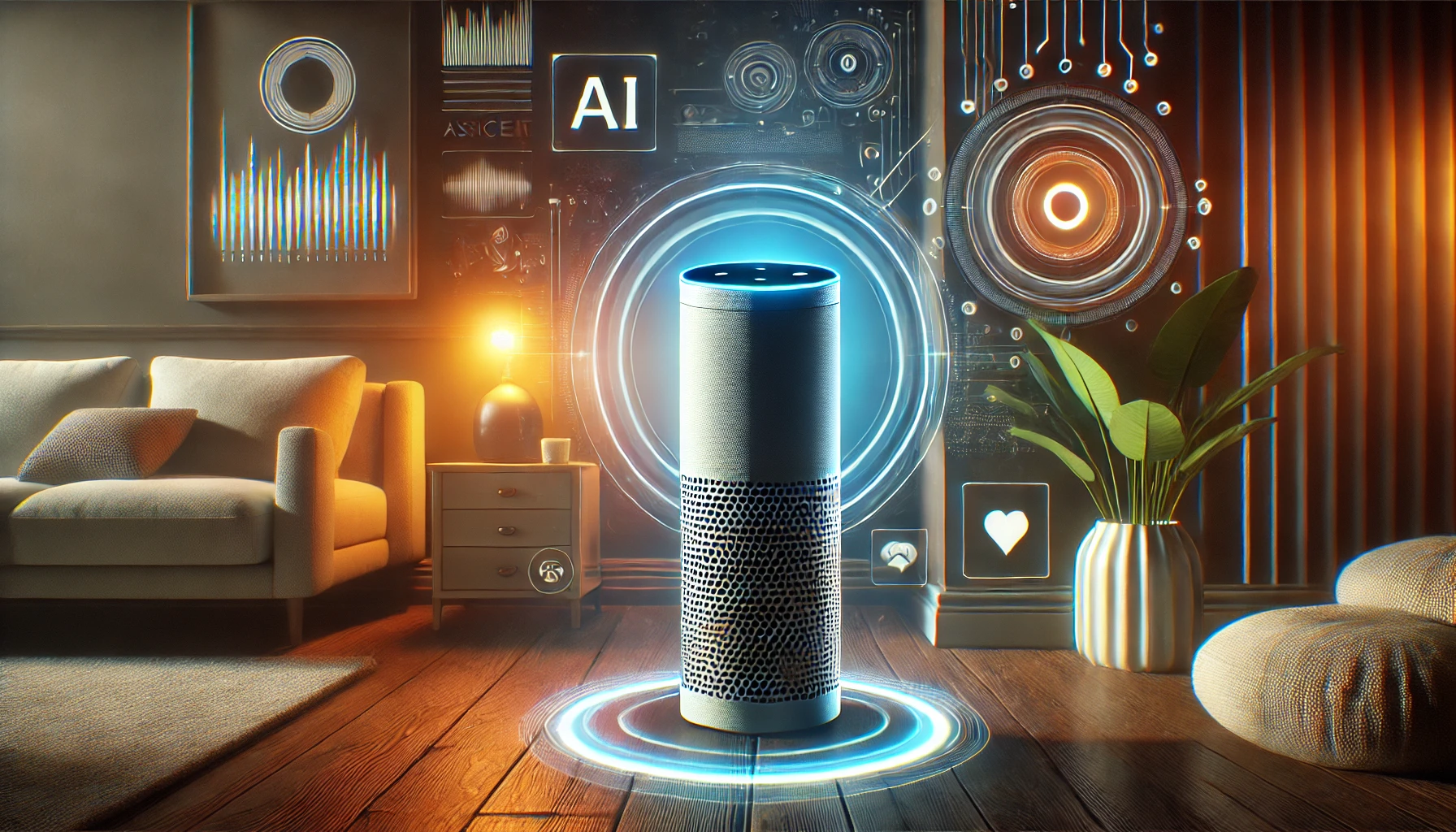 A feature image for an article about Amazon's AI-powered Alexa, depicted in a futuristic and conceptual art style. The image should include a sleek AI