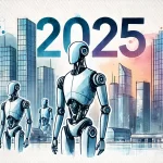 A futuristic cityscape in watercolor and minimalism style featuring advanced AI robots in the foreground, with the year '2025' clearly visible in the background.