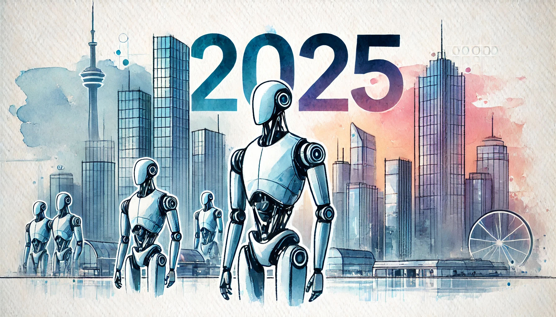 A futuristic cityscape in watercolor and minimalism style featuring advanced AI robots in the foreground, with the year '2025' clearly visible in the background.