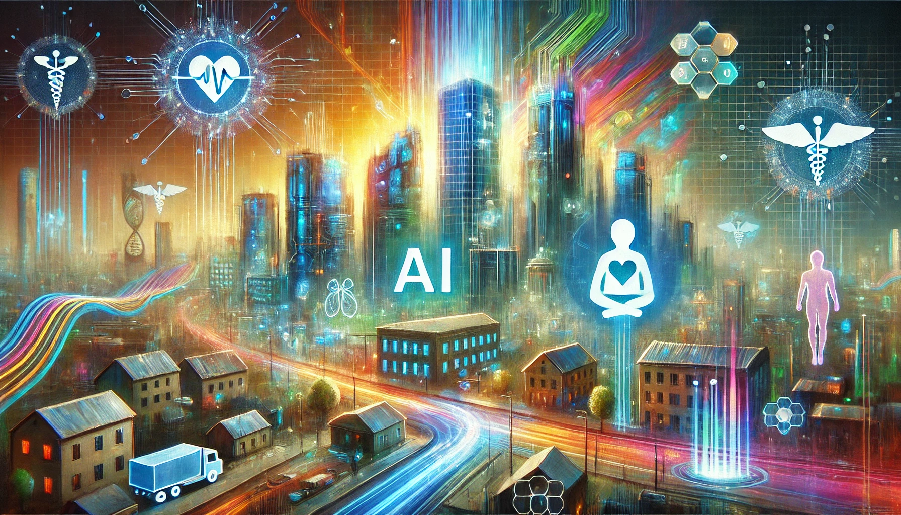 A futuristic scene featuring AI-driven technology revolutionizing healthcare, architecture, and creativity. The image shows a vibrant cityscape.