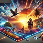 An artistic representation of Adobe's Magic Fixup AI in action, blending elements of Surrealism and Futurism. The image shows an AI-powered photo editing