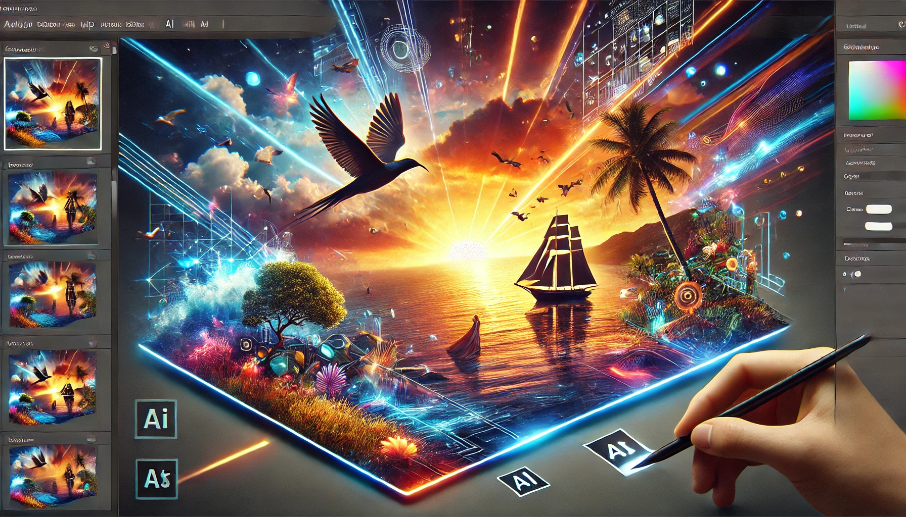 An artistic representation of Adobe's Magic Fixup AI in action, blending elements of Surrealism and Futurism. The image shows an AI-powered photo editing