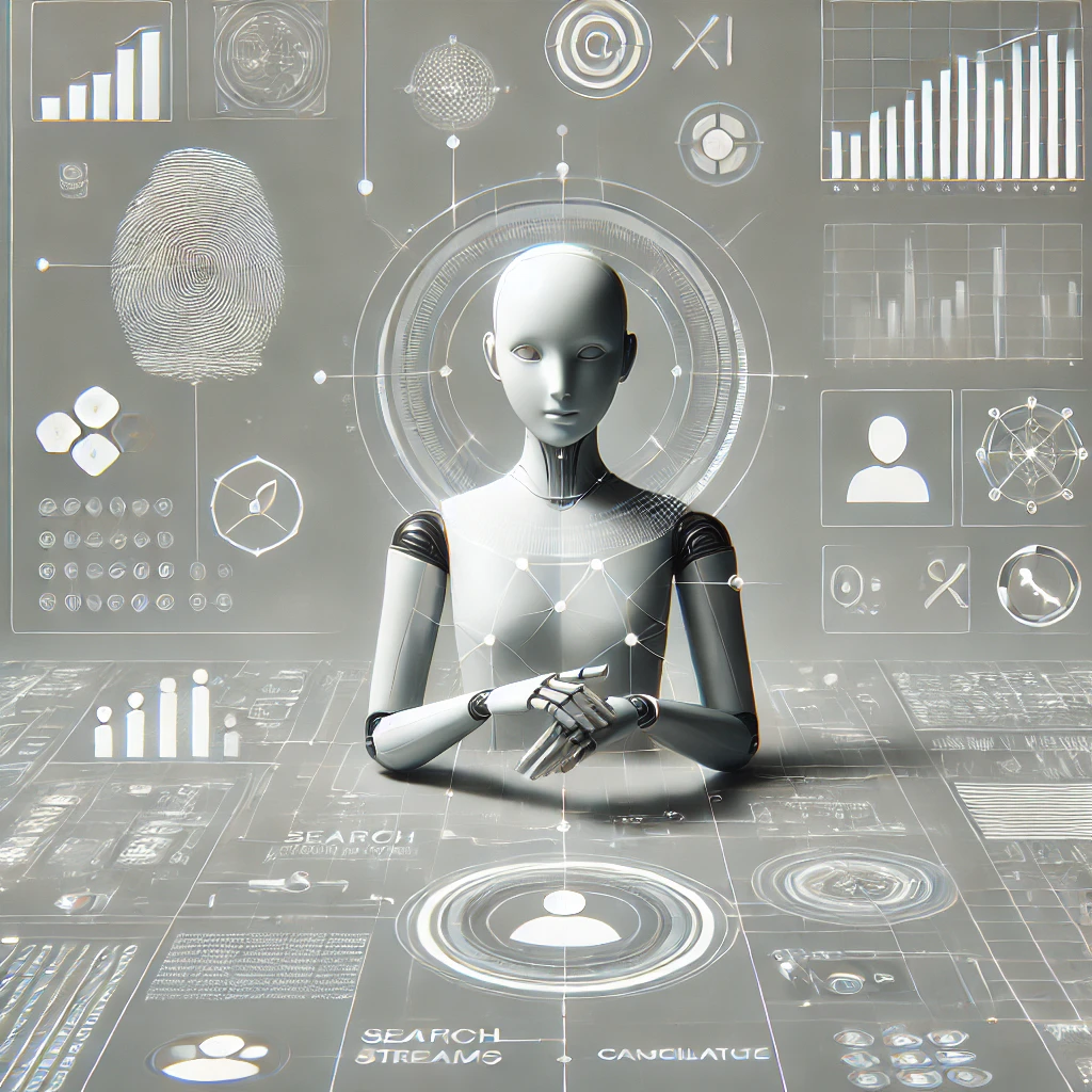 A minimalist, monochromatic 16_9 image of a futuristic AI agent surrounded by subtle data streams, charts, and icons representing tools like search engines