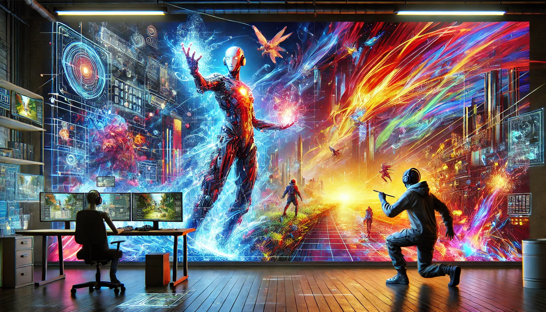 Anime-style futuristic depiction of an AI creating an open-world video game in real-time. The scene features vibrant contrasting hues.