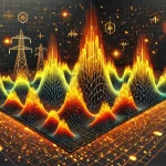 A vibrant, minimalistic futuristic landscape representing the sharp rise in AI energy consumption. The image features interconnected power grids with high peaks.