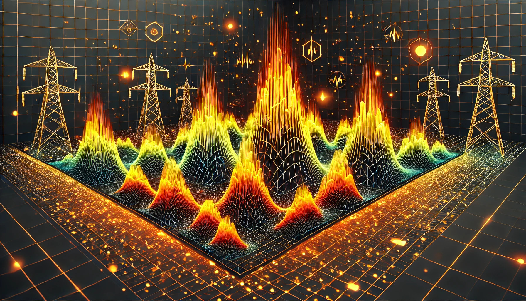 A vibrant, minimalistic futuristic landscape representing the sharp rise in AI energy consumption. The image features interconnected power grids with high peaks.