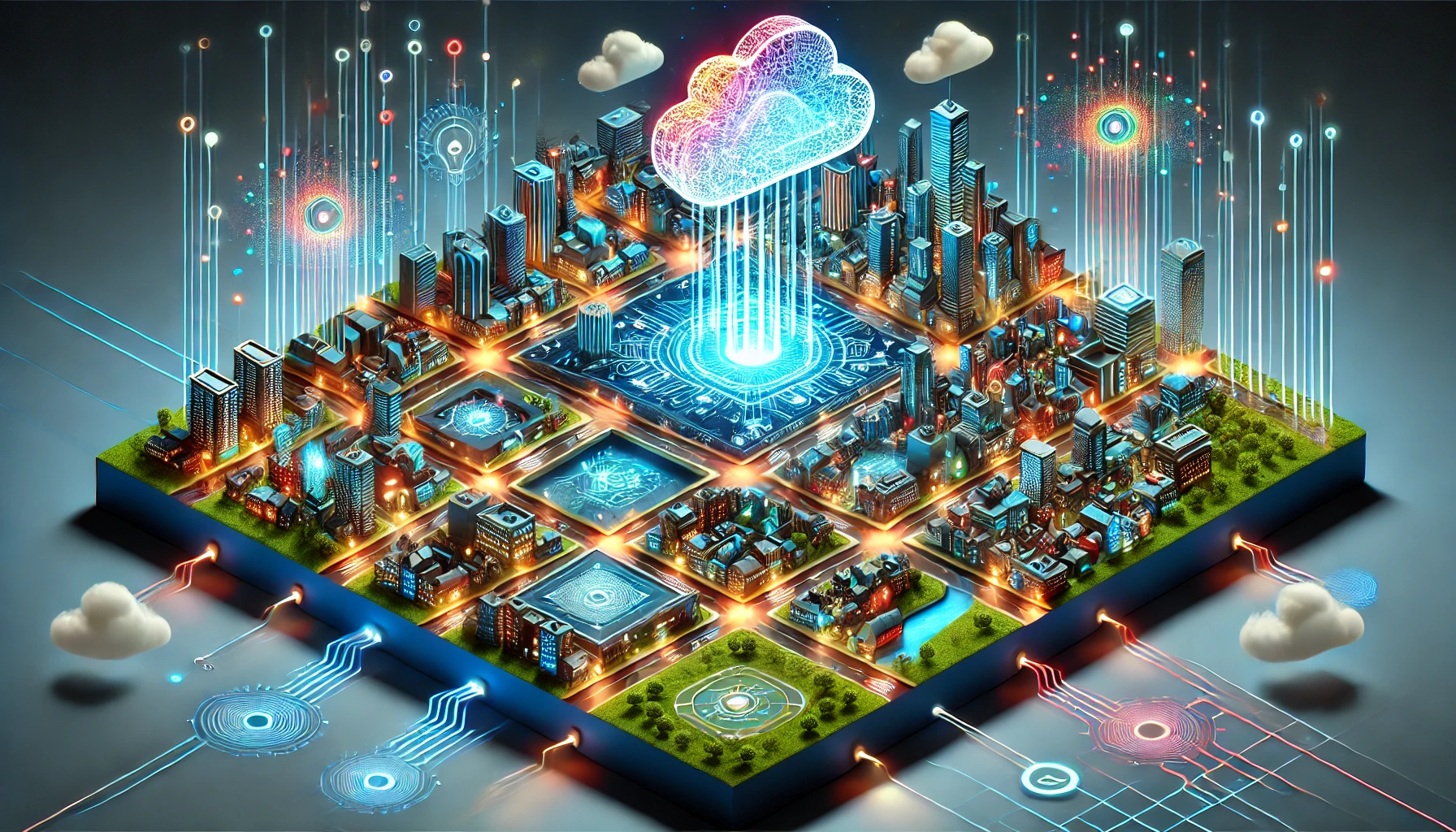 A vibrant, futuristic isometric miniature city with glowing energy grids and data streams flowing across the city, symbolizing multimodal AI's capabilities