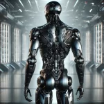 An AI-powered robot standing away from the camera, showcasing its entire metallic exoskeleton, with a sleek dark metallic exterior