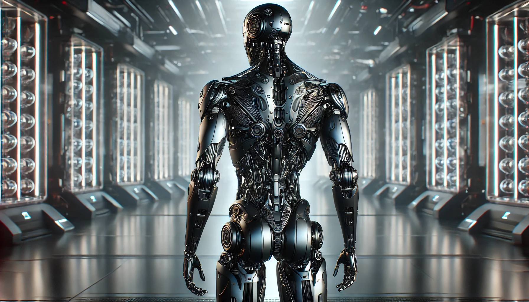 An AI-powered robot standing away from the camera, showcasing its entire metallic exoskeleton, with a sleek dark metallic exterior