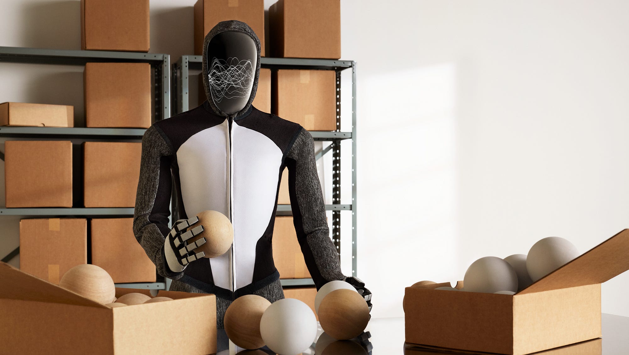 Neo, the humanoid robot from 1X Robotics, unloading a dishwasher in a modern kitchen. Neo is wearing a dark grey soft bodysuit