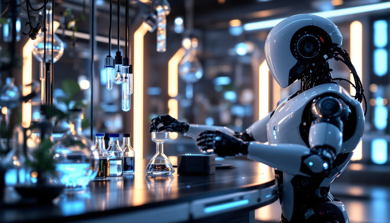 An android robot is doing biological and chemical experiments in an advance sci-fi looking lab.