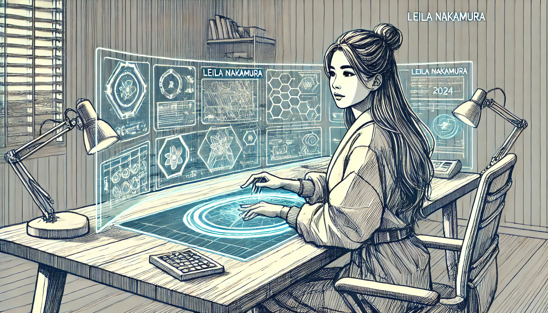 Depicts Leila Nakamura working in her futuristic design workspace. She is surrounded by sleek holographic displays and advanced technology as she focuses on her next groundbreaking project.